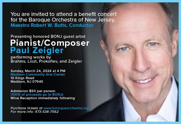Pianist Paul Zeigler returns to Madison for a special fundraiser concert for The Baroque Orchestra of New Jersey.