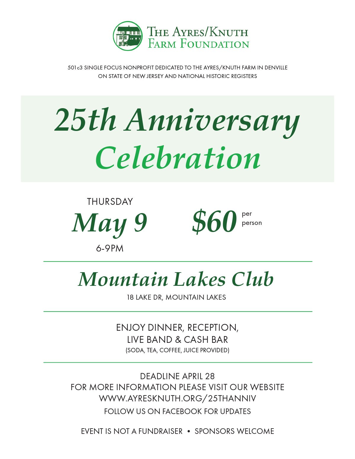 25th Anniversary Celebration - The Ayres/Knuth Farm Foundation Event Flyer
