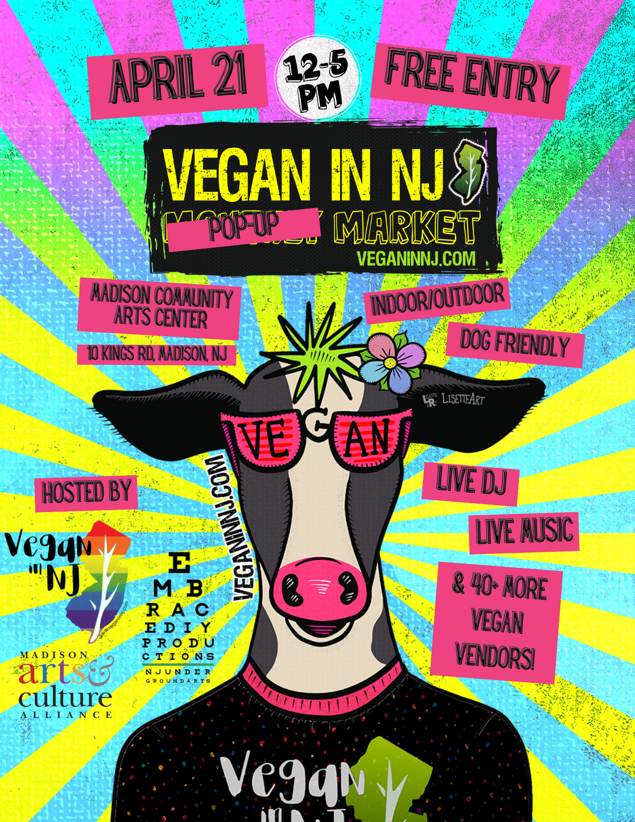 Join us at the Madison Community Arts Center at 10 Kings Rd in Madison, NJ for a fully vegan pop up market on April 21 from 12-5pm!