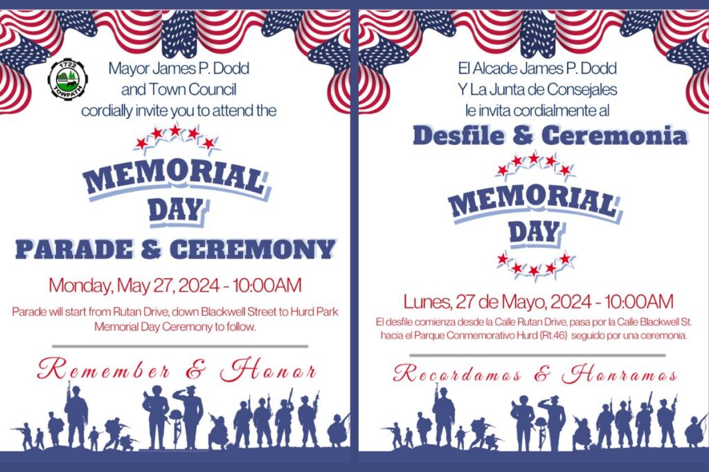 Dover Memorial Day Parade and Ceremony Flyers in English and Spanish